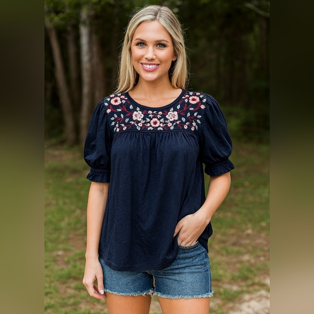 KEEP IN Touch Boho Embroidered Short Sleeve Blouse
